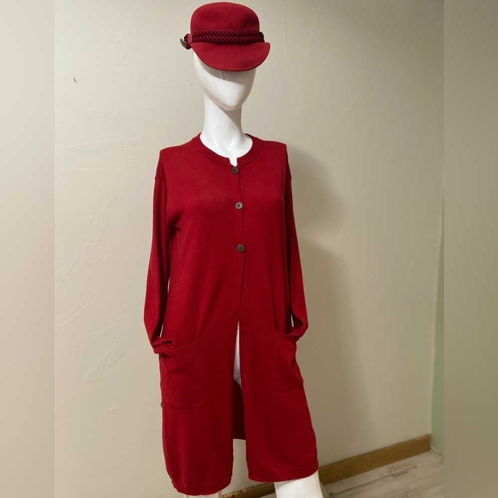 J. Jill~Cozy~Long~Red~(3) Button~Cardigan~Long Sleeve~Pockets~Side Slits~Size S